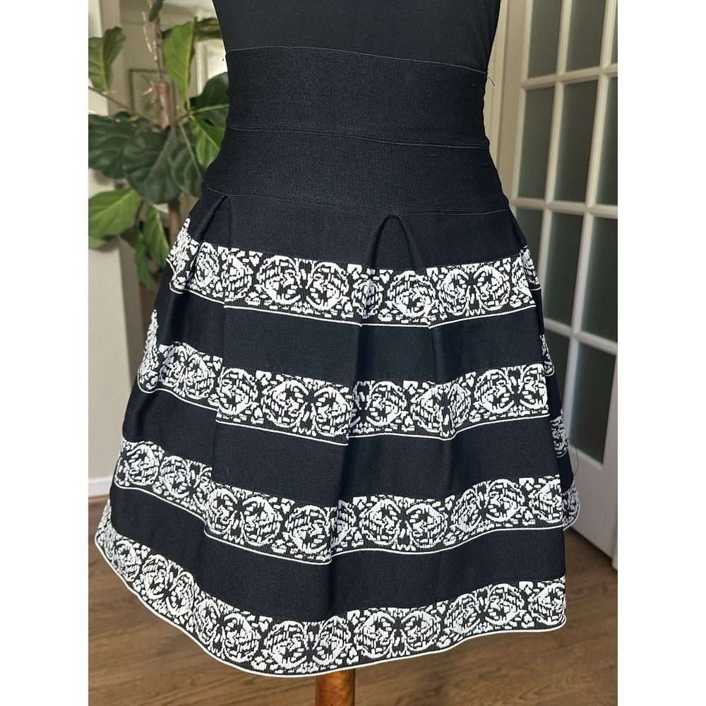 L'ATISTE by Amy Black White Embroidered Pleated A-Line Skirt Women's Small